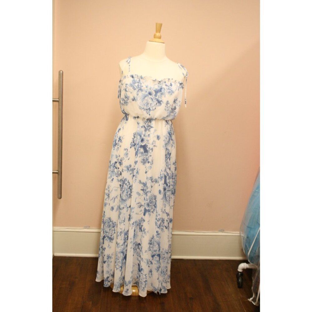 Dessy Long Blue & Ivory Floral Chiffon Bridesmaid Formal Dress Ruffle
